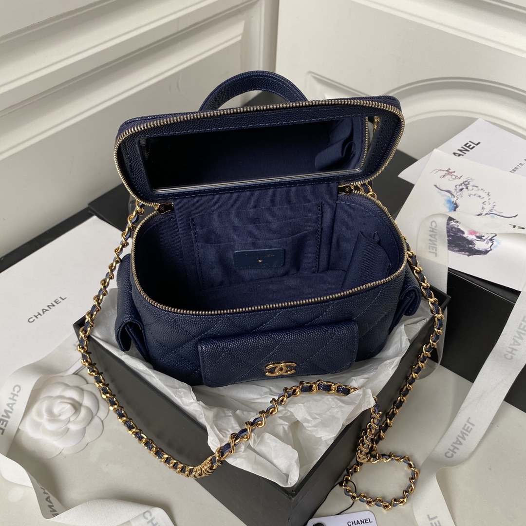 Caviar Vanity Chain Shoulder Bag Makeup Case AS3017 Dark Blue